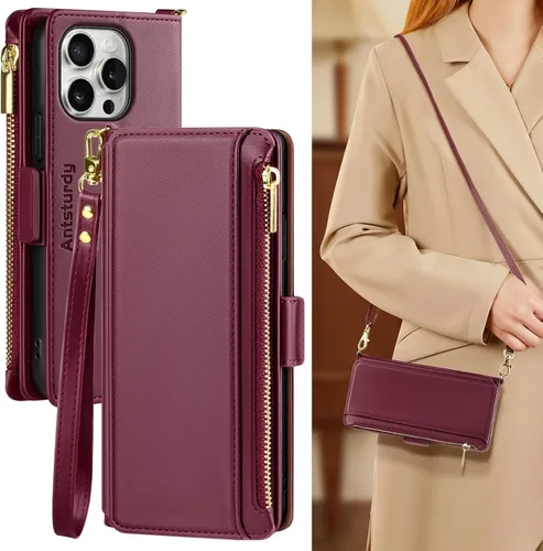 Vista 9 de Antsturdy Compatible con iPhone 15 Pro Max Funda Cartera para Mujeres【Bloqueo RFID】Funda de Teléfono Cruzada de Cuero PU con Cremallera y Correa