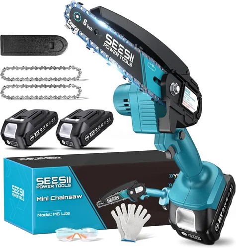 Vista 18 de SEESII Mini motosierra sin escobillas de 6 pulgadas, sierra de mano con 2 baterías de 2000 mAh, motosierra inalámbrica con engrasador automático