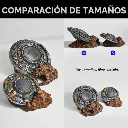 Vista 6 de Decoraciones de acuario-UFO Fish Tank Accesorios para Betta Hide Flying Saucer Creative Medium Fish Tank Decor Reptile Box Landscaping Ornament Ufo-M