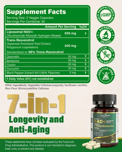 Vista 8 de Suplemento liposomal de resveratrol NAD+ - Alternativa NMN con trans-resveratrol, quercetina y fisetina - NAD Plus Booting para mujeres y hombres