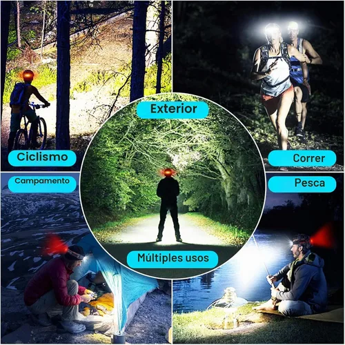Vista 6 de Linterna frontal recargable, paquete de 3 faros LED brillantes de haz ancho, linterna con luz trasera roja, 1200 lúmenes, ligero, ajustable