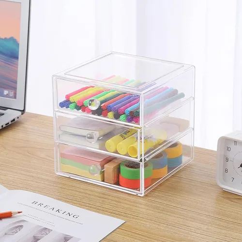 Vista 6 de AJIODA Caja organizadora de cajones de maquillaje con 3 cajones, vitrina de acrílico para cosméticos, organizador de tocador, caja de almacenamiento