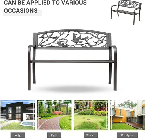 Vista 6 de Outsunny Banco de jardín de 50 pulgadas, banco de patio al aire libre con patrón de animales, banco de metal de acero fundido para patio, césped