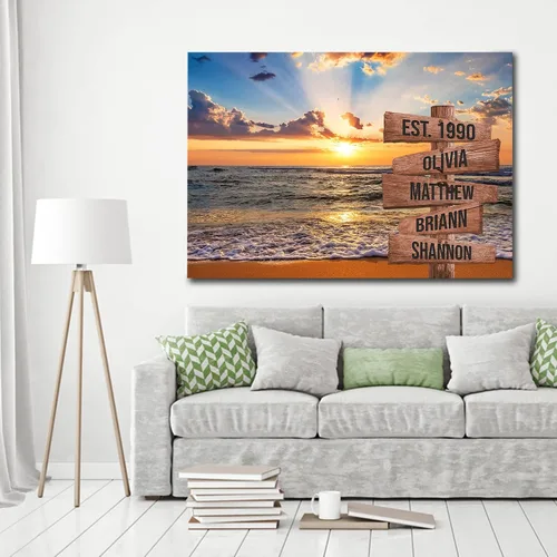 Vista 3 de My Soul And Spirit Store - Lienzo de primera calidad personalizado con varios nombres y puesta de sol sobre la playa, lienzo personalizado