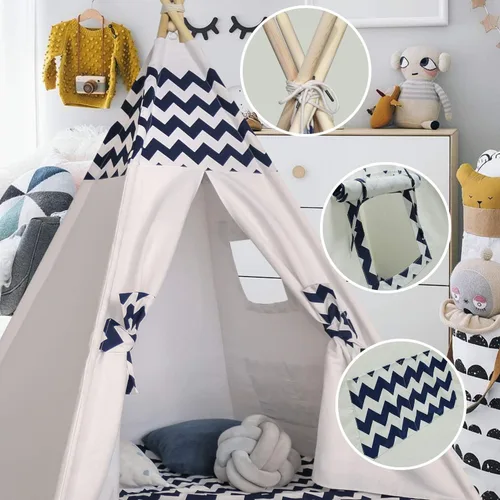 Vista 4 de Tienda de campaña tipi para niños, tienda de campaña con alfombra, casa de juegos para interiores y exteriores, lona india Tipi Wigwam, tipi Chevron