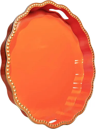 Vista 17 de Bandeja decorativa azul para mesa de café, bandeja de servir redonda de plástico con cuentas para encimera de cocina, otomana, sala de estar, (13")