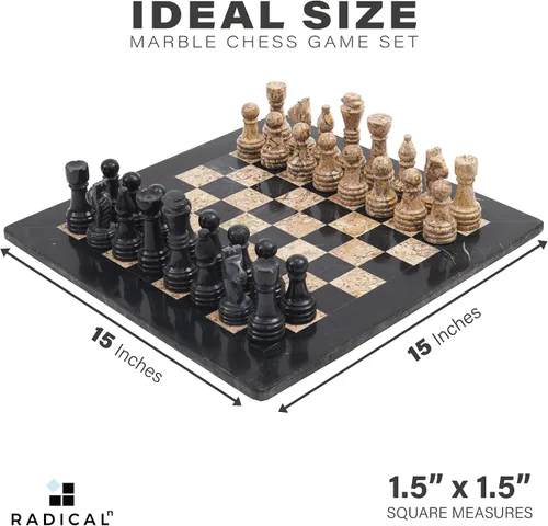 Vista 4 de Radicaln Juego de ajedrez de mármol de 15 pulgadas hecho a mano negro y coral fósil clásico juego de mesa de estrategia para adultos, tablero