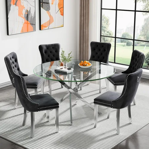 Vista 125 de Juego de mesa de comedor SSLine moderno de 3 piezas con mesa redonda de vidrio para 2, lujosa mesa de comedor circular de 36" con tapa de vidrio