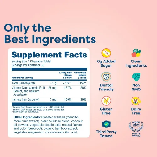 Vista 7 de Hiya - Suplementos de hierro para niños, masticables, vitamina C, sin OMG, 30