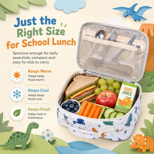 Vista 2 de LOIDOU Lonchera para niños y niñas, bolsa térmica con aislamiento térmico y reutilizable, para viajes escolares (dinosaurio)