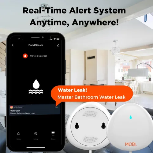 Vista 6 de MOBI Detector inteligente de fugas de agua WiFi, alertas de aplicaciones, alarma con sensor de inundación con sonda de extensión de 48 pulgadas,