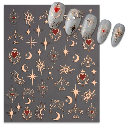 Vista 2 de TailaiMei Calcomanías para uñas de luna y estrella, para el día de San Valentín, calcomanías autoadhesivas de arte de uñas de corazón dorado