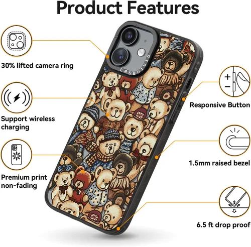 Vista 5 de Compatible para iPhone 11 Funda Bonita Estética - Funda de Teléfono Duradera de Moda Divertida - Diseño de Cubierta con Estampado de Patrón de Oso