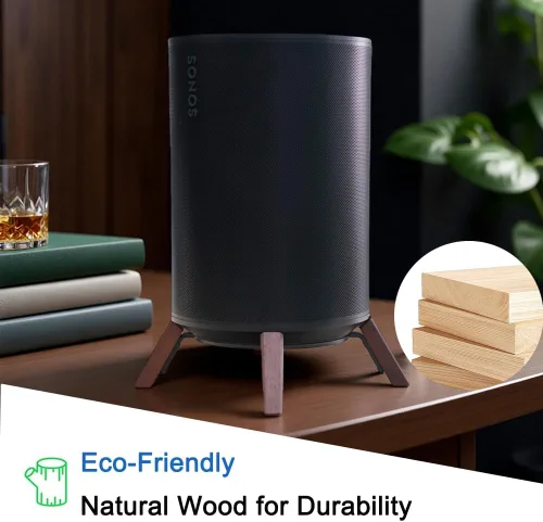 Vista 3 de Soporte de escritorio de madera natural para altavoz Sonos Era 100, soporte de trípode estable de madera con marco de metal, diseño de fácil
