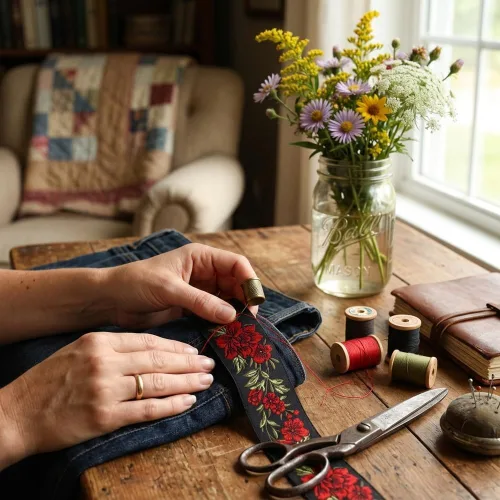 Vista 3 de IDONGCAI Cinta Jacquard Boho de 10 yardas - Tela de bordado floral de encaje negro para coser y adornos
