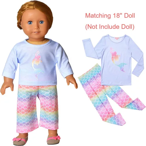 Vista 6 de QPANCY Conjunto de pijamas a juego para niñas y muñecas, pijamas de manga larga para otoño e invierno