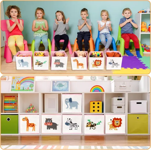 Vista 5 de Berlune Caja de almacenamiento plegable de 6 piezas de cubo de animales de 10 x 10 pulgadas, cestas de cubo de tela no tejida y cartón para niños