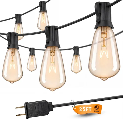 Vista 16 de SUNSGNE Tira de luces Edison para exteriores de 25 pies con 27 bombillas Edison transparentes, ST35 luces vintage para patio, jardín, patio, porche