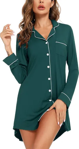 Vista 54 de Samring Camisón de pijama para mujer, manga corta/larga, con botones, camisón para dormir, camisón para novio, talla XXL