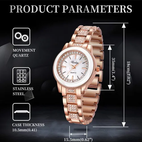 Vista 3 de SIOBSUN - Reloj de pulsera para mujer, de acero inoxidable, cristal de cuarzo, para mujer, pulsera brillante, 3 oro rosa