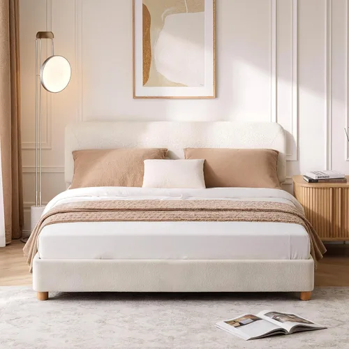 Vista 10 de Estructura de cama en forma de nube BERRY NEST, estructura de cama suave de bouclé con cabecero ajustable, patas de madera maciza, diseño