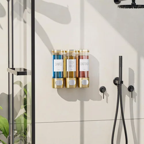Vista 4 de Dispensador de champú y acondicionador para ducha, montaje en pared, 3 Dorado
