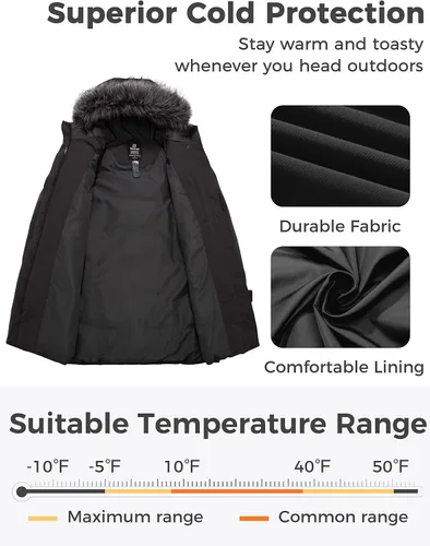 Vista 4 de wantdo Abrigo de invierno acolchado largo para mujer, chaqueta acolchada con capucha de piel sintética