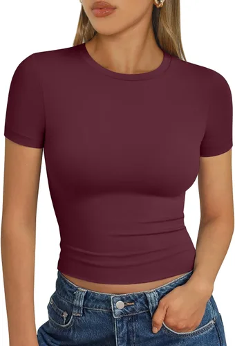 Vista 37 de Trendy Queen - Camisetas básicas para mujer, camisetas de verano 2025, de manga corta, ajustadas, para gimnasio, entrenamiento, ropa estilo Y2K