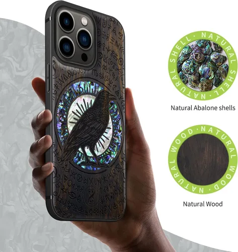 Vista 2 de Carveit Funda protectora de madera de diseñador para iPhone 13 Pro, funda magnética, grabado en madera e incrustaciones de concha, funda de madera