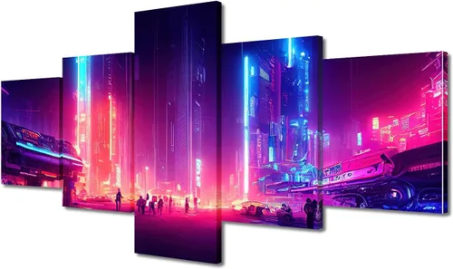 Vista 373 de Cuadros de 5 paneles de Cyberpunk City, arte de pared, representación de vallas publicitarias, edificios modernos en la capital con obras de arte