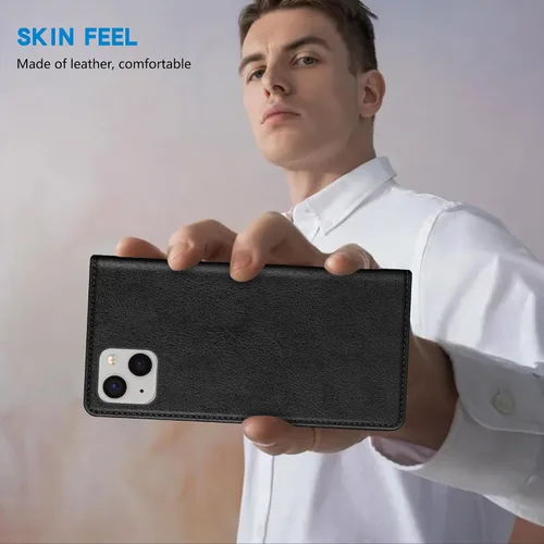 Vista 6 de ZZXX Funda tipo cartera para iPhone 13 con bloqueo RFID, soporte de ranura para tarjetas, funda protectora de cuero magnético fuerte plegable