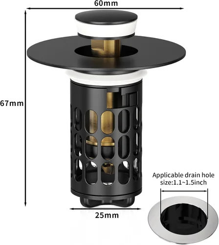 Vista 2 de QYHNYJF Tapón de lavabo de baño mejorado con recogedor de pelo, tapón de drenaje universal emergente, sello de acero inoxidable y silicona