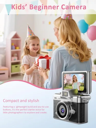 Vista 4 de Mini cámara con llavero, cámara digital 1080P con LCD de 1.47 pulgadas, tarjeta TF de 32 GB incluida, cámara retro de tamaño bolsillo para niños
