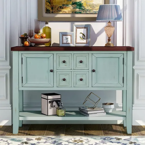Vista 12 de Merax Mesa de buffet de madera con estante de almacenamiento, 2 cajones y armarios, gabinete de barra de café para sala de estar, comedor, cocina