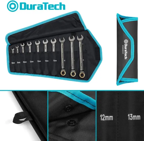 Vista 6 de DURATECH Juego de llaves de trinquete antideslizamiento, juego de llaves combinadas, 10 piezas, métricas 6-18mm, 72 dientes, niquelado, acero CR-V