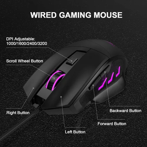 Vista 3 de CP3 Ratón para juegos con cable de 3200 DPI ajustable para computadora ratones para juegos de PC con 4 luces LED para computadora portátil y PC