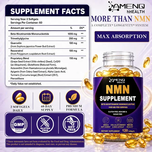 Vista 2 de Suplemento NMN 1000 mg, NMN + Resveratrol para apoyo NAD+ y envejecimiento
