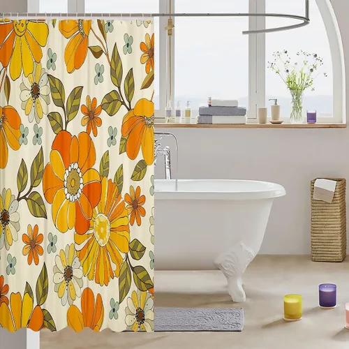 Vista 3 de Castle Fairy Cortina de baño de flores retro, cortina de ducha de baño con flores amarillas y verdes, cortina de ducha para niños y niños, tela