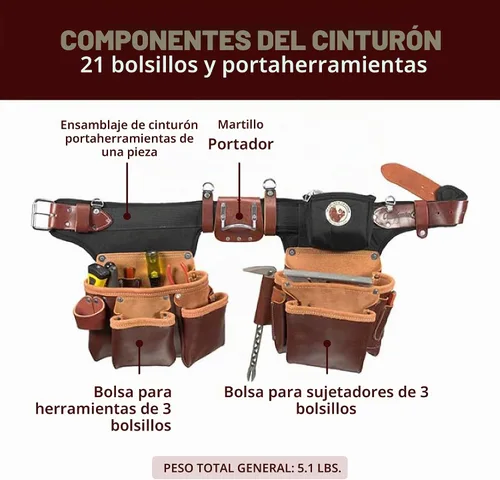Vista 3 de Occidental Leather Cinturón de herramientas ajustable para Pro Framer – Mano izquierda – 21 bolsillos y portaherramientas – Fabricado en Estados