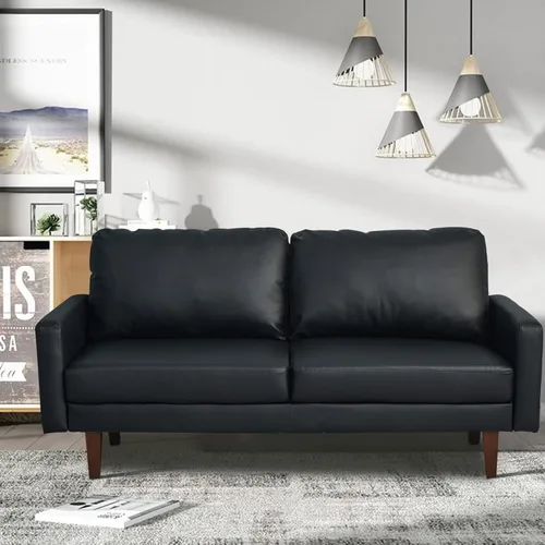 Vista 2 de INSTORY Sofá de cuero Sofá moderno con patas de madera para sala de estar, oficina - negro