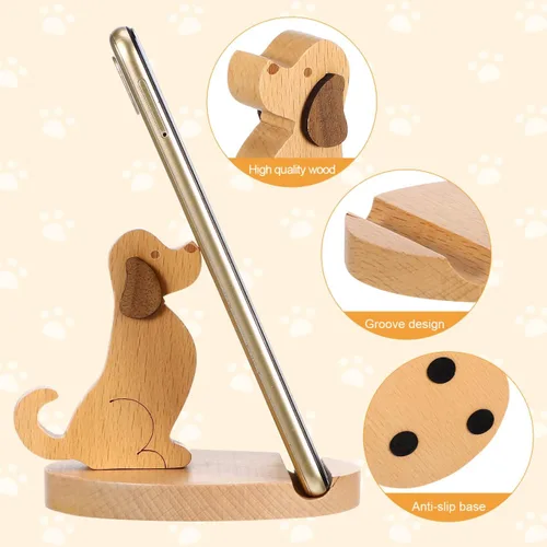 Vista 5 de Didiseaon Soporte de madera para teléfono celular con forma de cachorro, soporte para teléfono inteligente, soporte para tableta, soporte manos