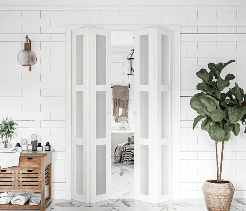 Vista 5 de BARNER HOME Puerta plegable, para abertura de 24"×80", panel plegable de puerta de 3 hojas de vidrio templado esmerilado con kit de herrajes