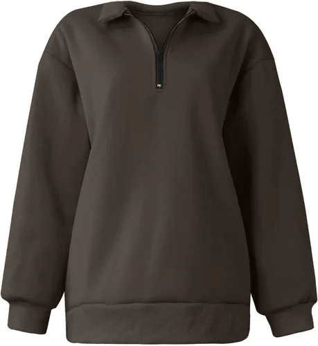 Vista 4 de Sudadera clásica para mujer, con cremallera de un cuarto, color liso, de gran tamaño, ajuste delgado, casual, ropa Y2K