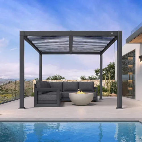 Vista 2 de Pérgola PURPLE LEAF con listones de 10 x 10 pies para exteriores con sistema de drenaje Gris (Grey Frame)