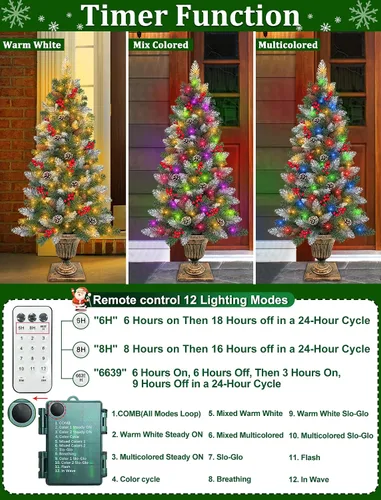 Vista 3 de Paquete de 2 árboles de entrada de Navidad nevados para exteriores de 4 pies en base de maceta con temporizador remoto, 80 luces blancas cálidas