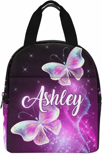 Vista 16 de InterestPrint Bolsa de almuerzo con nombre personalizado para hombres y mujeres, diseño de mariposa rosa y azul personalizada, caja de almuerzo