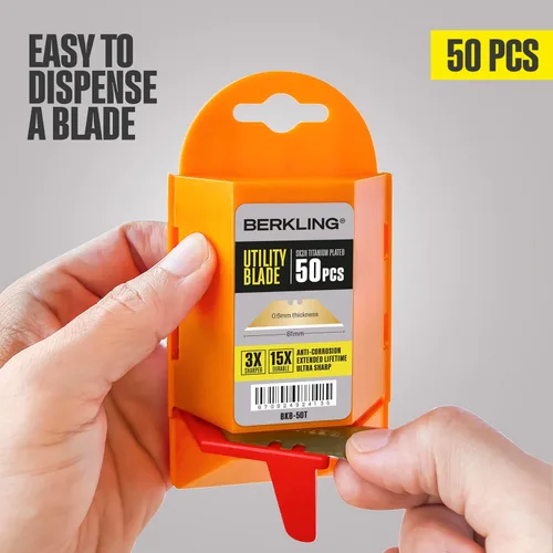 Vista 5 de Cuchillas para cuchillo utilitario con revestimiento de titanio, 50 unidades con dispensador, SK2H afiladas con láser endurecidas, ultra 3 veces más