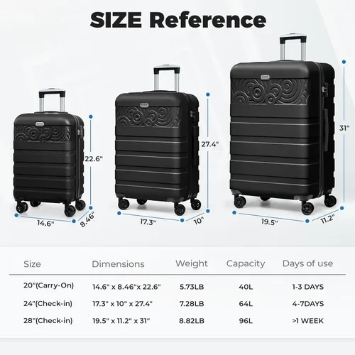 Vista 7 de Krute Equipaje con ruedas giratorias Maleta rígida PC ABS TSA Lock Ligero, Negro