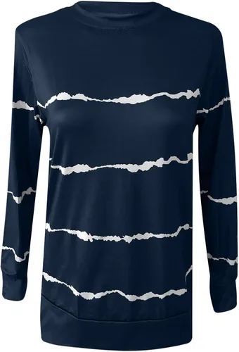 Vista 4 de Blusas de otoño para mujer 2023, casuales, sueltas, a rayas, de manga larga, sin botones, talla grande, cuello redondo, sudadera