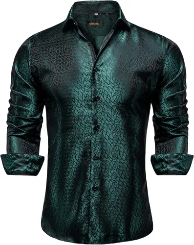 Vista 9 de DiBanGu Camisa de vestir de paisley de seda para hombre, formal, de manga larga, con cuello abotonado, camisas informales para fiesta de boda Negro
